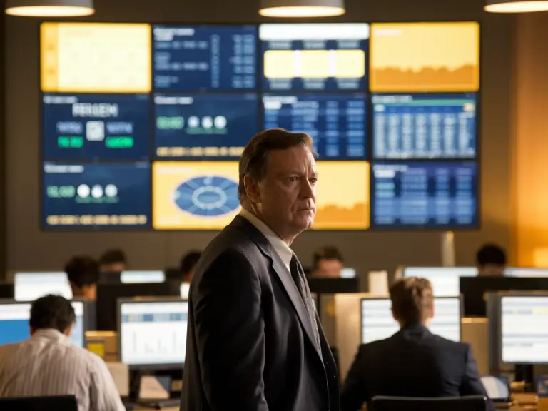 Businessman in office with financial data screens.