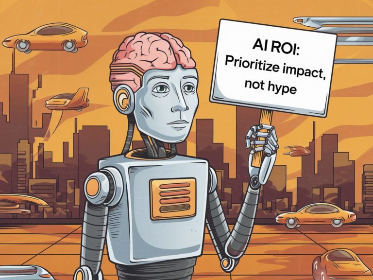 Robot holding AI ROI sign in futuristic city