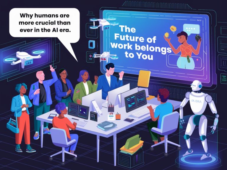 Humans essential in AI future, collaborative workspace illustration.